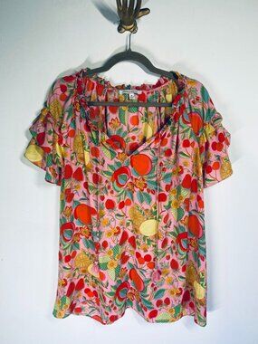 Rose + Olive Pink Fruit Print Blouse With Ruffle Sleeves & Tassel Tie Details Si